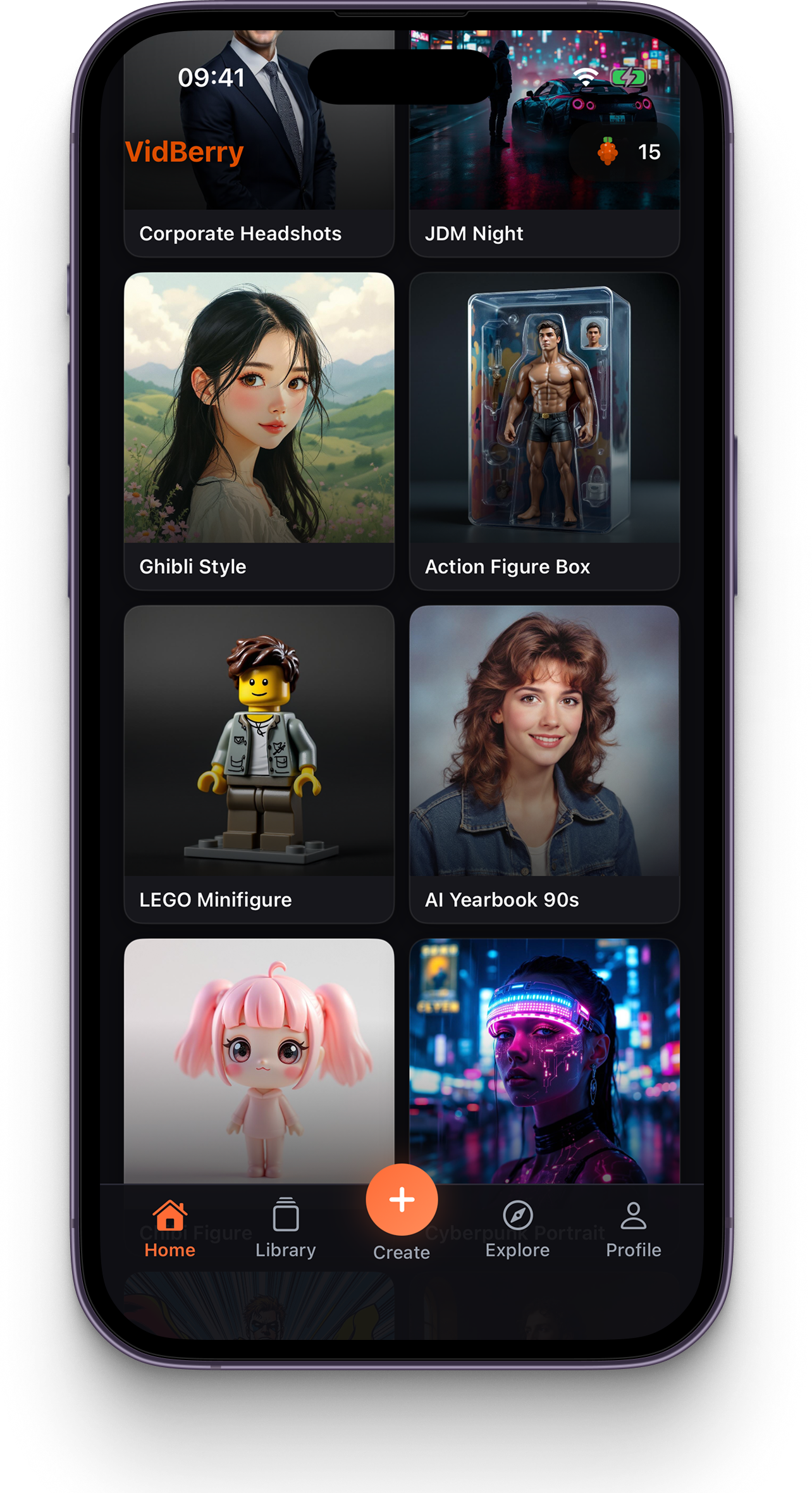 VidBerry home screen showing realistic AI styles like Ghibli, LEGO, Renaissance portrait, AI Yearbook
