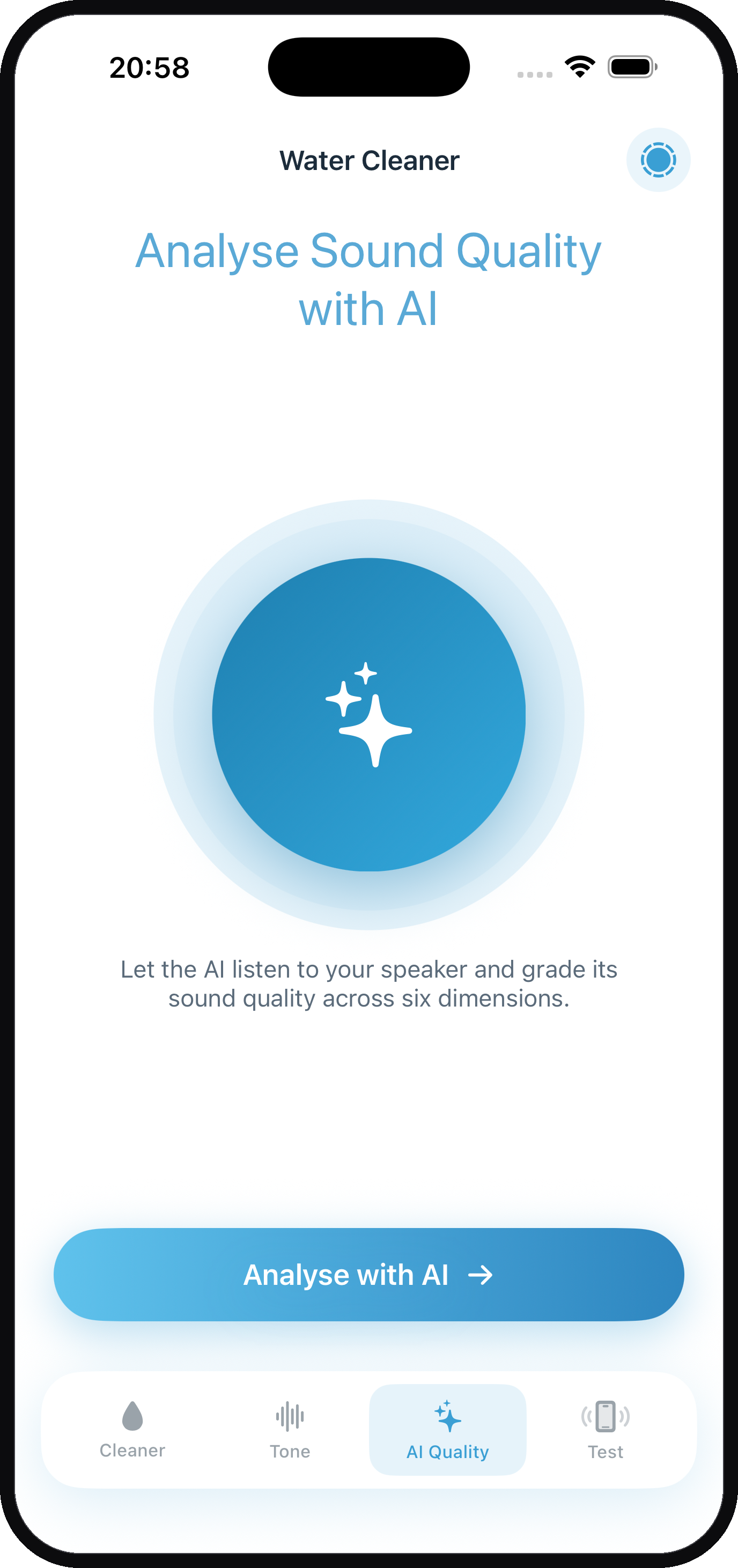 Water Cleaner AI sound-quality analysis grading iPhone speaker across six dimensions
